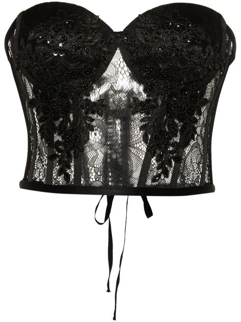 black semi-sheer construction floral-lace detailing bustier-style neckline underwire cup boned bodice rear tie fastening strapless straight hem cropped Black Bustier Top, Corset Black, Corset Blouse, Mom Outfit, Lace Corset Top, Black Bustier, Boned Bodice, Floral Corset, Stage Outfit