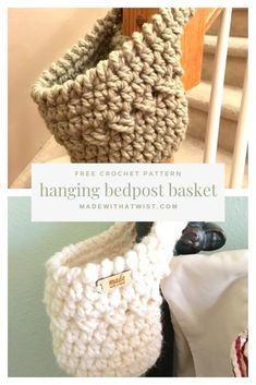 Fumbling for your glasses and phone in the middle of the night? Always losing your keys? If so, this free crochet pattern hanging basket is for you! #freecrochetpattern #crochetpattern #bedpostbasket #hangingbasket #hangingbasketcrochetpattern #doorknobbasket #stairwaybasket One Night Crochet Projects, Crocheted Hanging Basket, Small Crochet Hanging Basket Free Pattern, Crochet Hanging Organizer Free Pattern, Crochet Office Decor Free Pattern, Crochet Household Items Free Pattern, Crochet Camping Ideas, Crochet For Camping, 15 Minute Crochet Projects