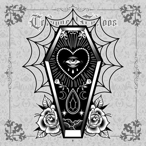 Canadian traditional style tattoo design artwork blackwork black ink roses moon star gem spiderweb available design Canadian artist Toronto Ontario Canada tattoo Cute Poison Tattoo, Your Coffin Or Mine Tattoo, Gothic Coffin Art, Cute Coffin Tattoo, Gothic Pinup Tattoo, Coffin Sketch, Small Coffin Tattoo, Tattoo Mapping, Coffin Tattoo Ideas