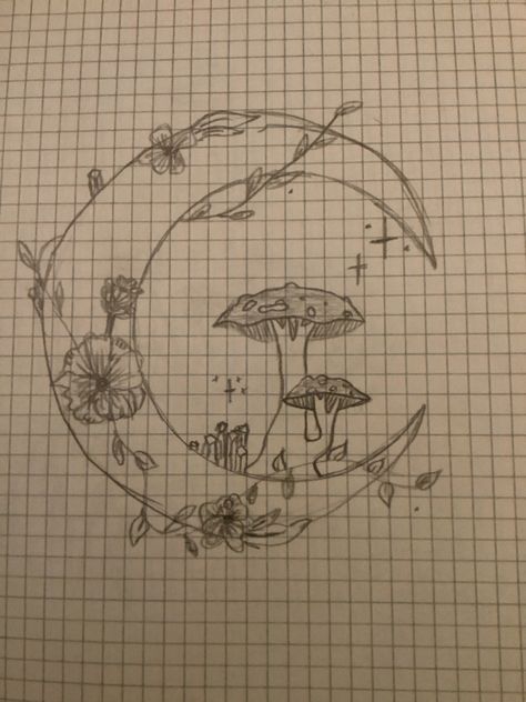 #moon #sketch #mushrooms #drawing Sketch Book Mushroom, Mushroom Drawing Ideas Easy, Moon Sketch Ideas, Moon And Mushroom Drawing, Moon Phases Drawing, Mushroom Sketch, Mushrooms Drawing, Moon Sketch, Grad Nails