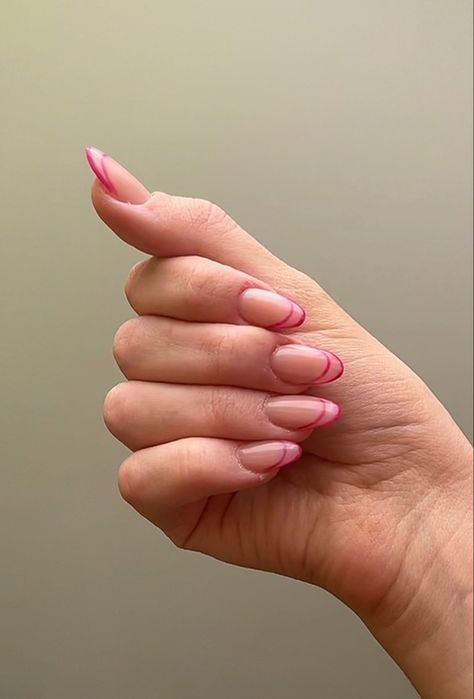 Nails Inspo Pink French, French Tip W Line Under, French Tip And Lines Nails, Pink French Tip Outline Nails, French With Line Nails, French Nails Lines, Magenta French Nails, Berry French Tip Nails, Two Line French Nails