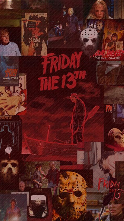 #horror#collageart#movie#halloween#fall #viral#fyp#wallpaper#red Horror Movie Collage, Movies Collage, Jason Friday, Movie Collage, Slasher Film, Wallpaper Red, Crystal Lake, Horror Characters, Friday The 13th