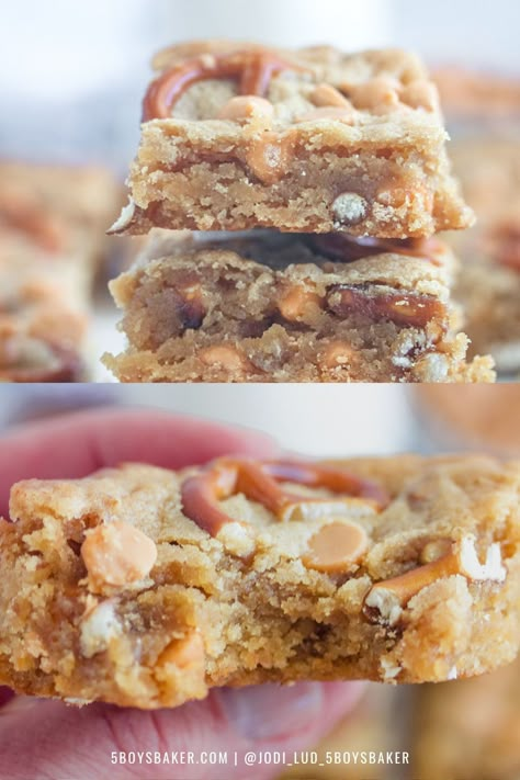 If you love salty-sweet desserts, then you’re going to love these Peanut Butter Pretzel Butterscotch Blondies! Loaded with peanut butter, salty pretzels and butterscotch chips . . . you’re going to love these bars. Peanut Butter Blondies | Sweet and Salty Desserts Bars With Pretzels, Peanut Blondies, Butterscotch Pretzel Bars, Peanut Butter Blondies, Pretzel Peanut Butter Dessert, Peanut Butter Pretzel Magic Bars, Butterscotch Pecan Blondies, Quick Brownie Recipe, Chocolate Holiday Desserts