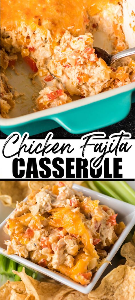 Cheesy Chicken Fajita Casserole- moist shredded chicken paired with onions and colorful bell peppers cooked down in luscious cream cheese and colby cheese sauce, seasoned with traditional fajita spices and baked until golden and bubbly. The perfect Mexican-inspired appetizer or main dish! Chicken Fajita Bake With Cream Cheese, Cheesy Chicken Fajita Casserole, Moist Shredded Chicken, Keto Chicken Fajita Casserole, Fajitas Casserole, Fajita Casserole Recipe, Turkey Casseroles, Adkins Diet, Persnickety Plates