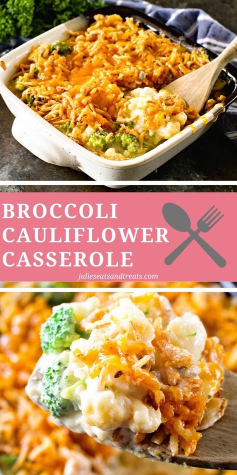 Easy Broccoli Cauliflower Casserole with cheese! You can use frozen or fresh vegetables and it's so easy to make. Perfect for a quick dinner or hosting holidays like Christmas, Easter and Thanksgiving! #broccoli #cauliflower Cheesy Broccoli Cauliflower Casserole, Cheesy Broccoli Cauliflower, Thanksgiving Side Dishes Crockpot, Broccoli Cauliflower Casserole, Easy Holiday Side Dishes, Thanksgiving Side Dishes Healthy, Cauliflower Casserole Recipes, Vegetable Casserole Recipes, Thanksgiving Side Dishes Easy