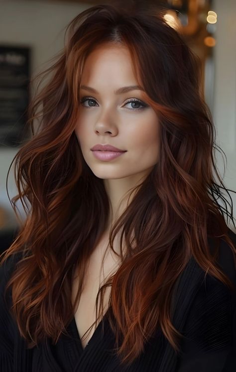 Brown red copper Subtle Auburn Hair Brunettes, Auburn Hair Color Cool Skin, Winter Red Hair Color Ideas, Dark Copper Hair Olive Skin, Copper Hair With Auburn Lowlights, Fall Hair Copper Brown, Copper Hair For Brown Eyes, Brown On Top Red On Bottom Hair, Copper Brown Hair Green Eyes