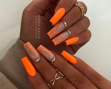 neon orange coffin nail design Neon Coffin Nail Ideas, Neon Orange Acrylic Nails Designs, Coffin Orange Nails, Orange Coffin Nails, Neon Nail Ideas, Tipped Nails, Summer Nails Neon, Neon Orange Nails, Orange Acrylic Nails