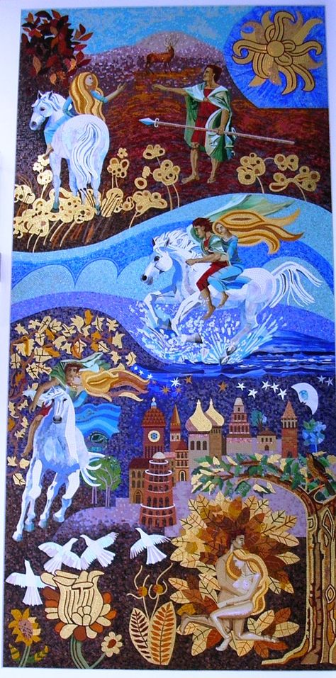 New Kinney mosaic mural – Tír na nÓg ... Irish Gods, Irish Legends, Irish Myths, Mad Sweeney, Deep Images, Mosaic Mural, Irish Fairy, Ancient Ireland, Folklore Art