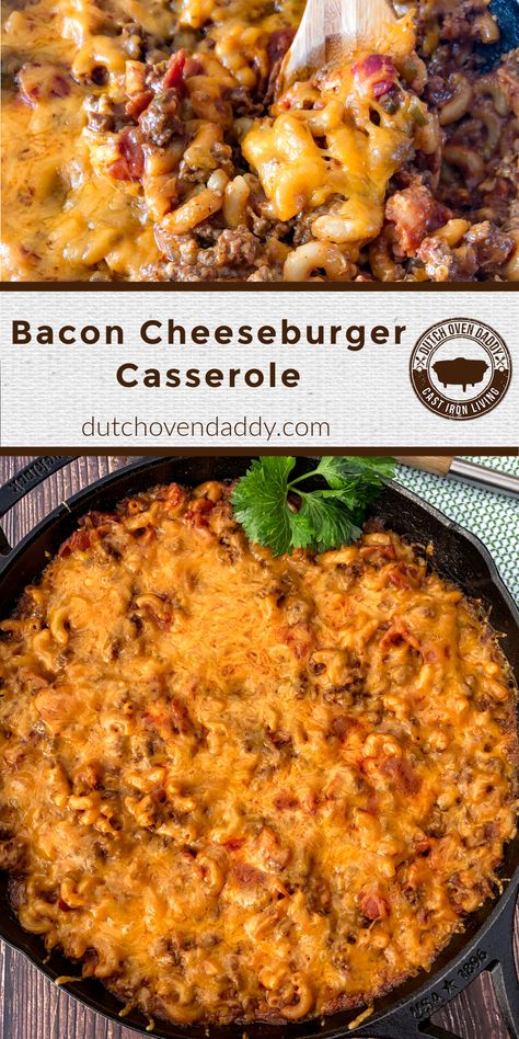 Hearty and delicious, the Bacon Cheeseburger Casserole has incredible flavor and is made easily in a cast iron skillet. Cast Iron Skillet Casserole Recipes, Cast Iron Casserole Recipes, Cast Iron Meals, Cast Iron Skillet Meals, Cast Iron Skillet Dinner, Iron Meals, Hamburger Casseroles, Cast Iron Skillet Recipes Dinner, Casserole Dinners