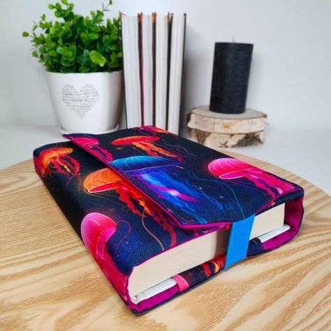 Colourful Jellyfish, Planner Bag, Colorful Jellyfish, Fabric Book Covers, Book Protector, Mobile Home Decorating, Book Pouch, Hardcover Books, Unique Book