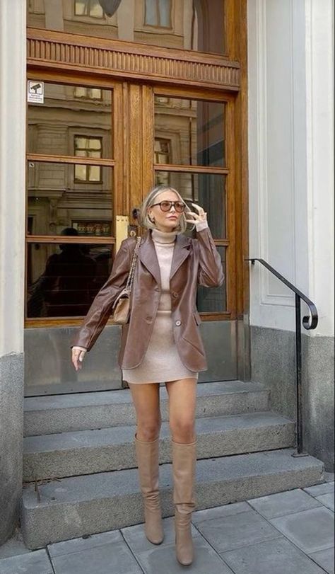 Knew Boots Outfits, Chic Brown Outfit, Dinner Skirt Outfit, Old Money Bar Outfit, Fancy Steakhouse Dinner Outfit, 5 Degrees Outfit Winter, Winter Country Club Outfit, Beige Long Boots Outfit, Tall Tan Boots Outfit