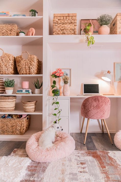 HomeGoods Pastel Bohemian Office Makeover | Keiko Lynn Pastel Home Office Ideas, Aesthetic Home Office Ideas, Pastel Office Aesthetic, House Interior Pastel, Pink Office Space, Content Room Ideas, Cute Office Space, Maximalist Home Office, Fun Home Office