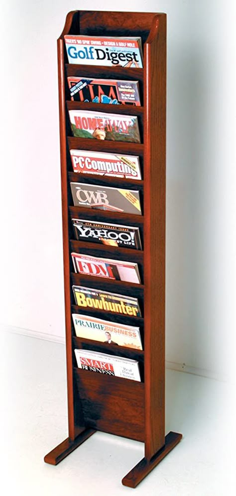 Wooden Mallet 10-Pocket Cascade Free-Standing Magazine Rack, Mahogany Magazine Display Rack, Overlapping Design, Magazine Display, Wooden Magazine Rack, Wooden Mallet, Magazine Racks, Magazine Stand, Floating Bookshelves, Magazine Storage