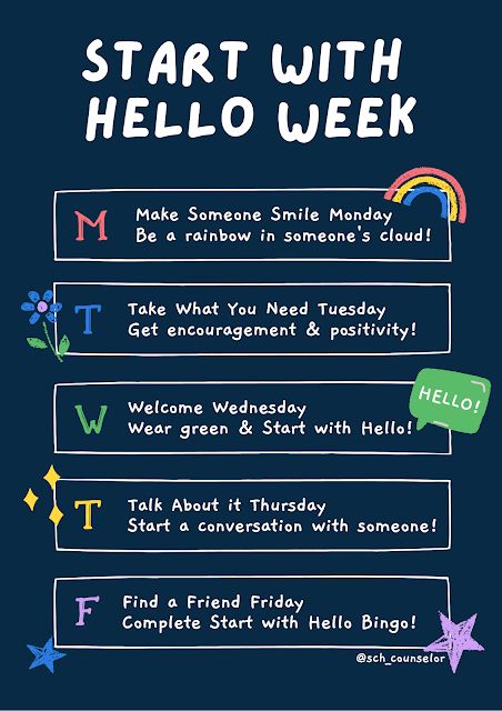 Start With Hello Week Ideas, Hope Week Ideas, Hope Squad Activities, Start With Hello Week Activities, College Welcome Week Ideas, Kindness Spirit Week Ideas, Student Council Elementary School Ideas, Hope Squad Week Ideas, Start With Hello Week