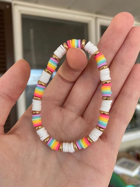 Rainbow Blast Clay Bead Bracelet - Etsy Coconut Girl Jewelry, Bracelet Preppy, Make Clay Beads, Colorful Bead Bracelets, Clay Bead Necklace, Beaded Braclets, Preppy Bracelets, Clay Bead Bracelet, Diy Beaded Bracelets