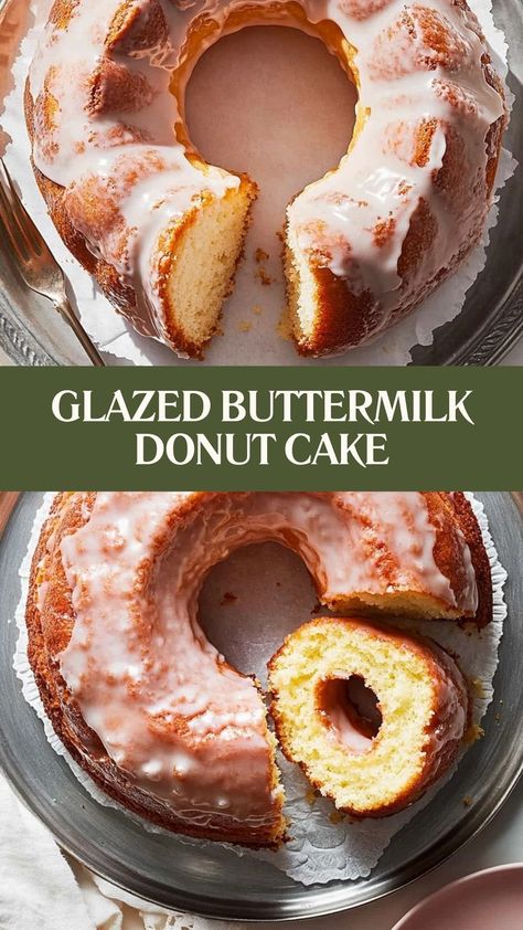 Donut vibes, cake size! 🍩🎂 This Glazed Buttermilk Donut Cake is the perfect blend of sweet nostalgia and fluffy perfection. Every bite feels like a warm hug! ✨💕 #DonutCakeMagic #ButtermilkBliss #GlazedPerfection #DessertGoals #SweetNostalgia #FluffyAndDelicious #CakeLoversUnite #DonutInspiredTreats #BakeAndEnjoy #ComfortInEverySlice Donut Inspired Cake, Baked Buttermilk Donuts Recipe, Glazed Donut Cake, Buttermilk Donut Cake, Old Fashioned Donut Recipe, Buttermilk Donut Recipe, Donut Glaze Recipes, Cake Donut Recipe, Donut Bread