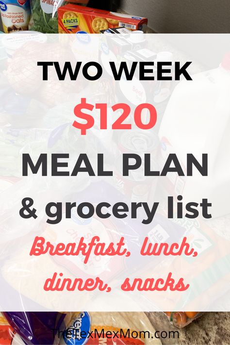 On a tight grocery budget? Check out this $120 two week grocery budget and meal plan for a family of four. A grocery list is included! Budget Healthy Grocery List, Two Week Meal Plan, Family Grocery List, Basic Grocery List, Budget Grocery List, Cheap Grocery List, Cheap Meal Plans, Aldi Meal Plan, Cheap Groceries