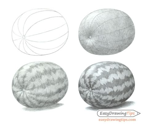 Object Drawing Simple Step By Step, 3d Fruit Drawing, Watermelon Drawing Realistic, Watermelon Sketch, Basic Shading, Fruit Drawings, Watermelon Drawing, Fruit Sketch, Pencil Sketches Easy