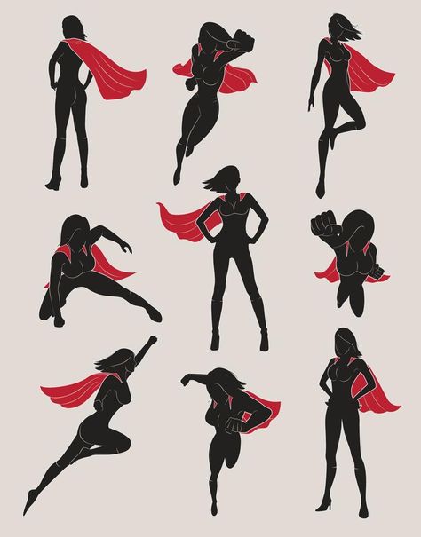 Set of Female Superhero with Red Cape Red Superhero, Female Superhero, Superhero Capes, Red Cape, Superhero Art, Figure Drawing, Cape, Vector Free, Royalty