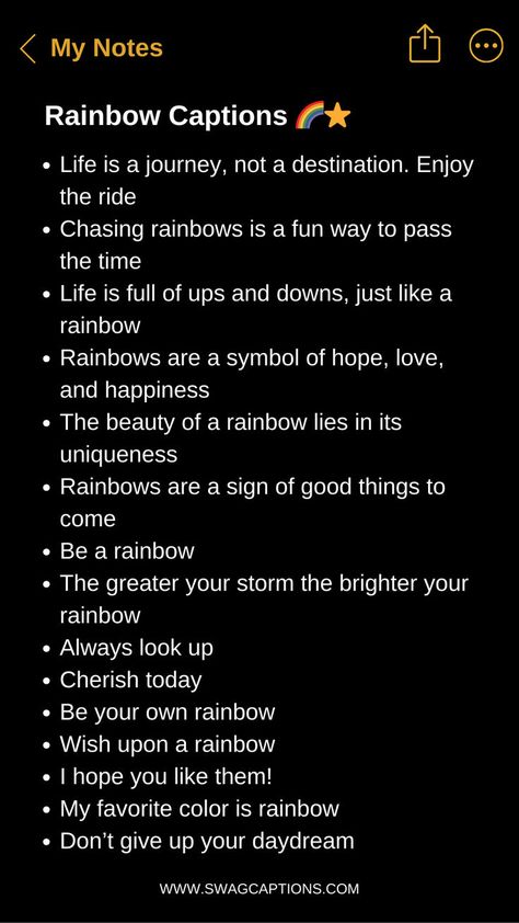 Unlock a vibrant world of Instagram captions with our "Rainbow Captions for Instagram to Enjoy the Full Spectrum" collection. From fiery reds to serene blues, these carefully curated captions capture the entire rainbow's radiant hues. Whether you're showcasing breathtaking sunsets, vibrant street art, or colorful culinary delights, these captions will add a pop of personality to your Instagram feed. Embrace the full spectrum of emotions and let your posts shine with vivid, captivating words. Rainbow Instagram Captions, Rainbow Quotes Instagram, Rainbow Captions, Makeup Captions, Nature Captions, Rainbow Story, Thought Wallpaper, Success Quotes And Sayings, Insta Caption
