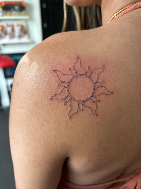 Sun In Rapunzel, Rapunzels Flower Tattoo, Repunzal Tattoo Ideas, Rapenzul Tattoo, Rapunzel Aesthetic Tattoo, Flower From Rapunzel Tattoo, You Were My New Dream Tangled Tattoo, Rapunzel Tangled Tattoo, Tangled Movie Tattoos