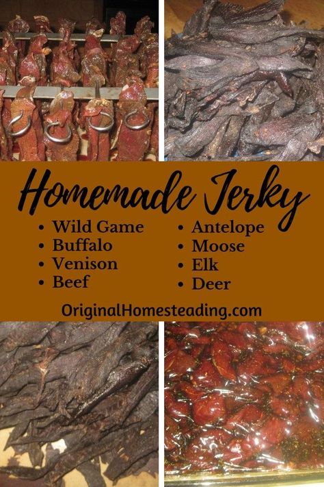 HOMEMADE JERKY is a super delicious healthy snack. It is perfect to take on road trips, camping, hiking, hunting, backpacking or just for simple snacking. These recipes work well with all meats, to include: wild game, venison, elk, moose, antelope and dee Moose Jerky Marinade, Wild Game Jerky Recipes, Moose Jerky Recipe Dehydrator, Antelope Meat Recipes, Game Meat Recipes, Deer Jerky Marinade Recipes, Moose Jerky Recipe, Hunting Snacks, Deer Butchering