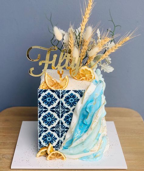 Tall Square Cake, Tall Square Cake Designs, Edible Fabric Cake Design, 50th Birthday Cake Rectangle, Square Geode Cake, Fondant Ruffles, 2 Tier Cake, Cake Wraps, Edible Image Cake