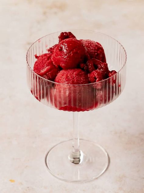 Raspberry Sorbet - Olives + Thyme Strawberries And Sugar, Homemade Sorbet, Nutrition And Mental Health, Frozen Raspberries, Strawberry Sorbet, Raspberry Syrup, Raspberry Seeds, Raspberry Sorbet, Homemade Meatballs