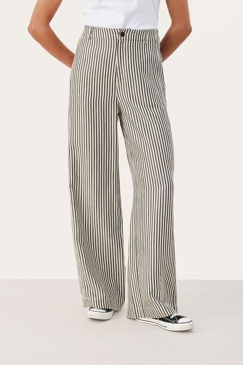 A lightweight, wide-leg pant with belt loops and zip and snap closure. Two side pockets and two back pockets with button closures. Shoes With Wide Leg Pants, Shoes For Wide Leg Pants, Stripe Pants, Mom Style, Black Stripes, Business Casual, Wide Leg Pants, Style Me, Sweater Shirt