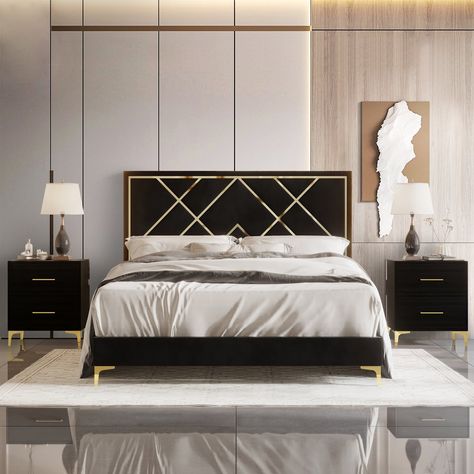 Experience the ultimate in luxury and sophistication with the CraftPorch 3 Piece Bedroom Nightstands Set Velvet Upholstered Bed. This contemporary bed frame boasts a gold acrylic headboard design that will add a touch of glamour to any bedroom. Beautiful Bed Designs, Contemporary Bed Frame, Twin Bedroom Sets, 5 Piece Bedroom Set, Matching Nightstands, Velvet Upholstered Bed, Glam Bedroom, Platform Bed With Storage, Upholstered Panel Bed