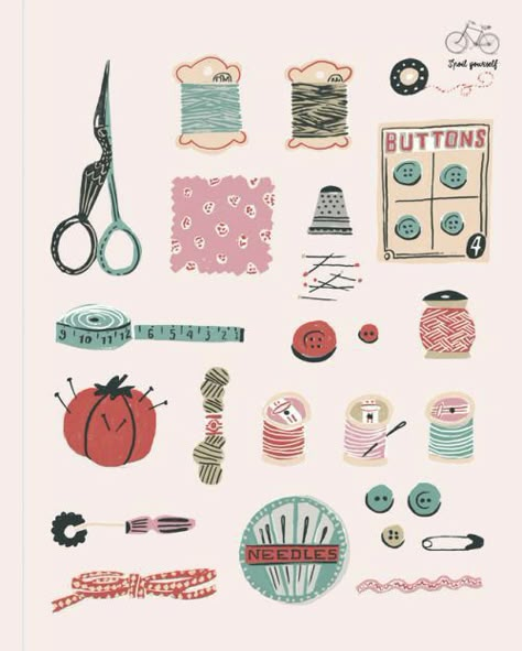 Sewing Kit Drawing, Sewing Pattern Illustration, Sewing Materials Drawing, Sewing Graphic Design, Needle And Thread Drawing, Art Materials Illustration, Sewing Illustration Art, Sew Illustration, Sewing Kit Illustration