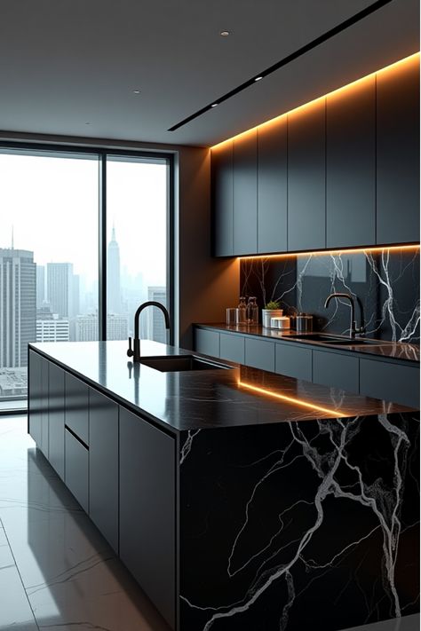 Luxurious black marble kitchen countertop Kitchen Design Black Granite, Black Marble Kitchen Countertops, Kitchens With Black Granite Countertops, Black Kitchen Modern, Black Granite Countertops Kitchen, Granite In Kitchen, Modern Kitchen Countertops, Modern Countertops, Black Marble Countertops