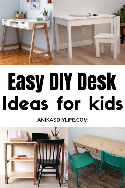 Kids need a place of their own to be creative and to do schoolwork. Finding the perfect desk can be a difficult task. It just makes sense to DIY a kid’s desk so you can customize it to be exactly what you need. From grade schoolers to teens, these 7 DIY Kids desk ideas will be just what you need. Wooden Desk For Kids, Diy Kids Art Desk, Diy Desk Ideas Cheap, Kids Craft Desk, Kids Desk Diy, Kids Desk Ideas, Kids Table And Chair Sets, Diy Kids Desk, Easy Diy Kids