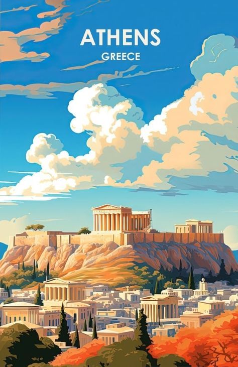 Greece Travel Poster, Greece Postcard, Greek Poster, Greece Wallpaper, Travel Doodles, Castle Illustration, City Posters Design, Athens City, Travel Poster Design