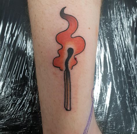 Matchstick done by Helen @ Frontier Tattoo Parlour in Cardiff Wales Matchstick Tattoo Traditional, Match Tattoo Fire Traditional, Matches Tattoo Fire, Traditional Match Tattoo, Burnt Match Tattoo, Lit Match Tattoo, Matching Traditional Tattoos, Burning Match Tattoo, Matchstick Tattoo