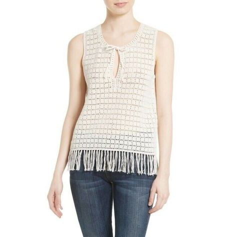 Joie Women's Ivory Analia Sleeveless Crochet Knit Frayed Tank Size L New $298 Measurements: Bust: 19.5 Inches (Approximately) Length: 27 Inches (Approximately) Imperfections: None Silk Summer Top, Denim Fringe, Small Tank Tops, Crochet Tops Free Patterns, Linen Tank Top, Fringe Top, Silk Tank Top, Crochet Tank, Crochet Top Pattern