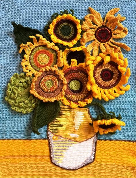 Crochet Van Gogh, Girasoles Van Gogh, Framed Crochet, Wall Art 2023, Crochet Sunflowers, Crochet Painting, Crochet Wall Decor, Plant Crochet, Crochet Feather