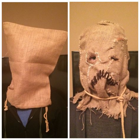 My creation: hessian sack into Scarecrow from Batman Begins Scarecrow Batman Costume, Diy Creepy Scarecrow, Scarecrow Mask Diy, Scarecrow Costume Scary, Scary Scarecrow Diy, Scarecrow Batman Begins, Scarecrow From Batman, Sack Mask, Scary Scarecrow Costume