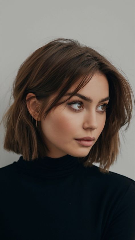 Short Haircut Ideas With Curtain Bangs, Haircut Short With Curtain Bangs, Short Hair Wavy Bangs, Short Haircuts For Women Curtain Bangs, Cute Chin Length Haircut, Brunette Medium Bob, Short Length Haircut Straight, Short Hair With Long Side Bangs, Curtain Bangs Collarbone Length Hair