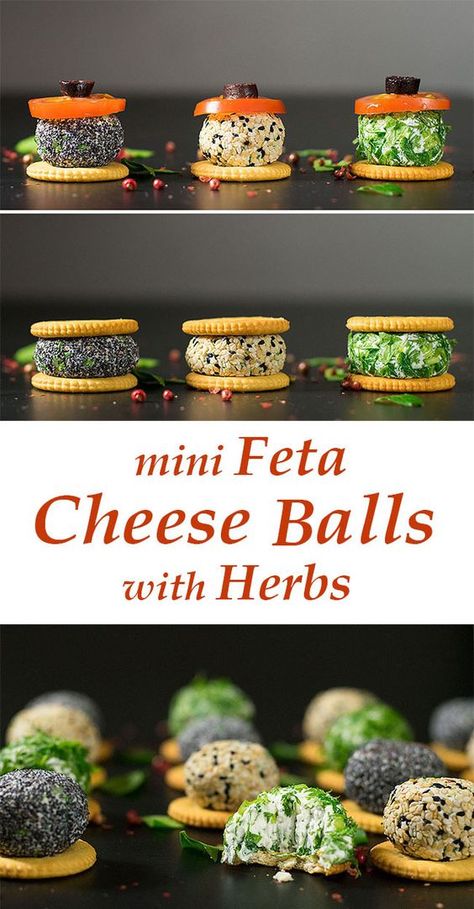 mini feta cheese balls with herbs | thehungrybites.com Green Finger Foods, Chilled Appetizers, Feta Cheese Ball, Cheese Logs, Cheeseball Recipe, Green Herbs, Canapes Recipes, Caprese Salad Recipe, Amazing Food Decoration