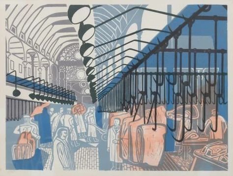 Artwork by Edward Bawden, Smithfield Market, Made of linocut Edward Bawden, Smithfield Market, London Market, Mid Century Illustration, Kew Gardens, Illustrated Map, British Art, Lino Print, British Artist