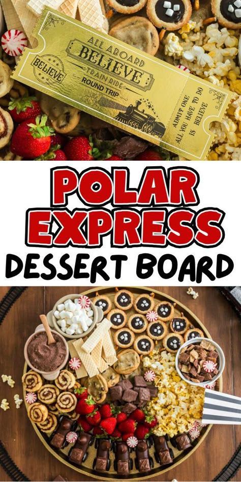 Dessert board with Polar Express sweets Polar Express Charcuterie Board, Polar Express Dessert Ideas, Polar Express Recipes, Polar Express Snack Ideas, Polar Express Desserts, Christmas Movie Charcuterie Board, Polar Express Christmas Party Food, Polar Express Themed Snacks, Polar Express Snacks For Kids