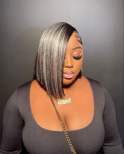 Asymmetrical Bob With Highlights, Side Part Bob Weave With Highlights, Highlight Quick Weave Bob, Side Part Bob With Highlights, Kehlani 2024, Grey Bob Hairstyles Black Women, Blonde And Black Bob, 90s Bob Hairstyles, Asymmetrical Bob Wig