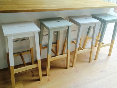 Painted IKEA breakfast stools in Farrow & Ball All White, Mizzle, Cornforth White and Pigeon. Painting Wooden Stools Ideas, Ikea Bar Stool Makeover, Bar Stool Painting Ideas, Ikea Bar Stool, Bar Stools Ikea, Farrow Ball All White, Ikea Breakfast, Ikea Barstools, Bar Stool Makeover