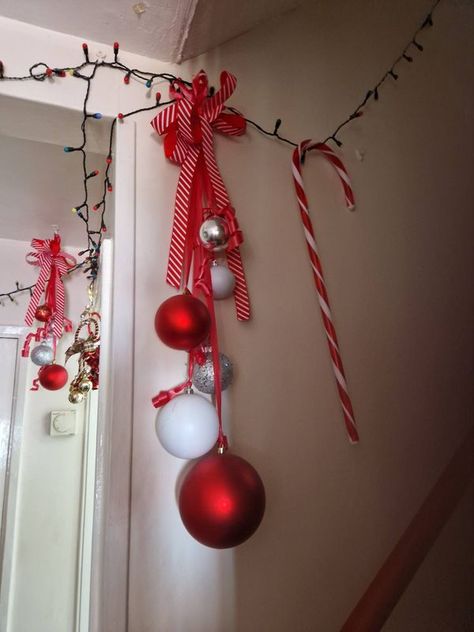 Christmas Decorating Club (Official JPC) | hanging baubles all done now with candy stripe ribbon | Facebook Hanging Baubles, Striped Ribbon, Candy Stripes, Christmas Decorating, Diy Christmas, Christmas Decorations, Ribbon, Candy, Christmas