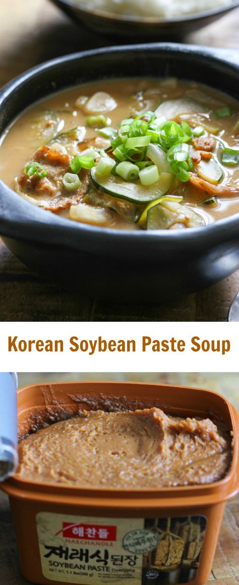 Soybean paste soup is a popular everyday dish in Korea. It is typically served in a hot earthenware pot and made with assorted vegetables, red meat or seafood and fermented soybean paste. Soybean Paste Stew, Korean Soybean Paste Recipes, Korean Soybean Soup, Soybean Paste Recipes, Korean Soups And Stews, Soybean Soup, Soybean Paste Soup, Korean Soup Recipes, Korean Vegetarian