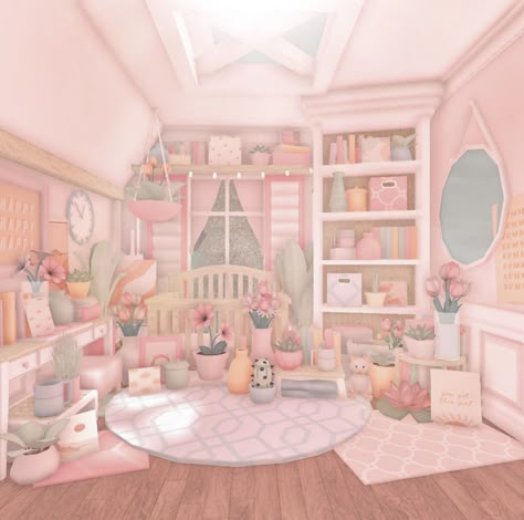 Blush Bloxburg Interior, Bloxburg Kitchen Ideas Pastel, Blush Pink Bloxburg House, Bloxburg Blush Room Ideas, Preppy House Bloxburg, Bloxburg Pastel House, House Interior Pastel, Bloxburg Kitchen Ideas Aesthetic, Preppy Bloxburg Room