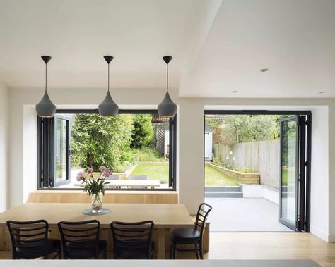 Bifold Windows, Folding Windows, Banquet Seating, Open Plan Kitchen Diner, Open Plan Kitchen Living Room, House Extension Design, Aluminium Windows, Kitchen Extension, Window Styles