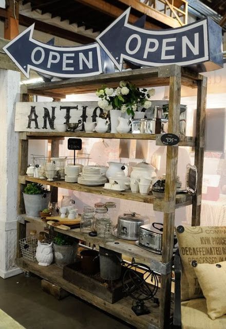 Antique Booth Shelving | Booth Crush | Bloglovin’ Fall Antique Booth Ideas, Heather Bullard, Vintage Booth Display, Flea Market Booth, Antique Booth Displays, Antique Booth Ideas, Industrial Display, Industry Design, Open Sign