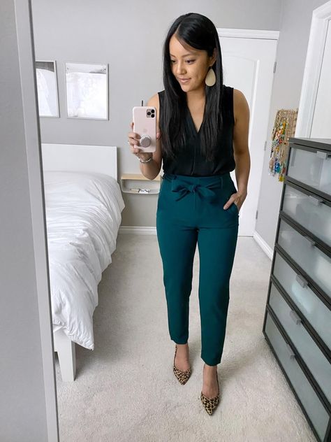 Teal Pants Outfit, Office Sweater Outfit, Tie Waist Pants Outfit, Girl Boss Outfit, Slacks Outfit, Teal Pants, Professional Outfits Women, Pants Outfit Casual, Business Casual Outfits For Work